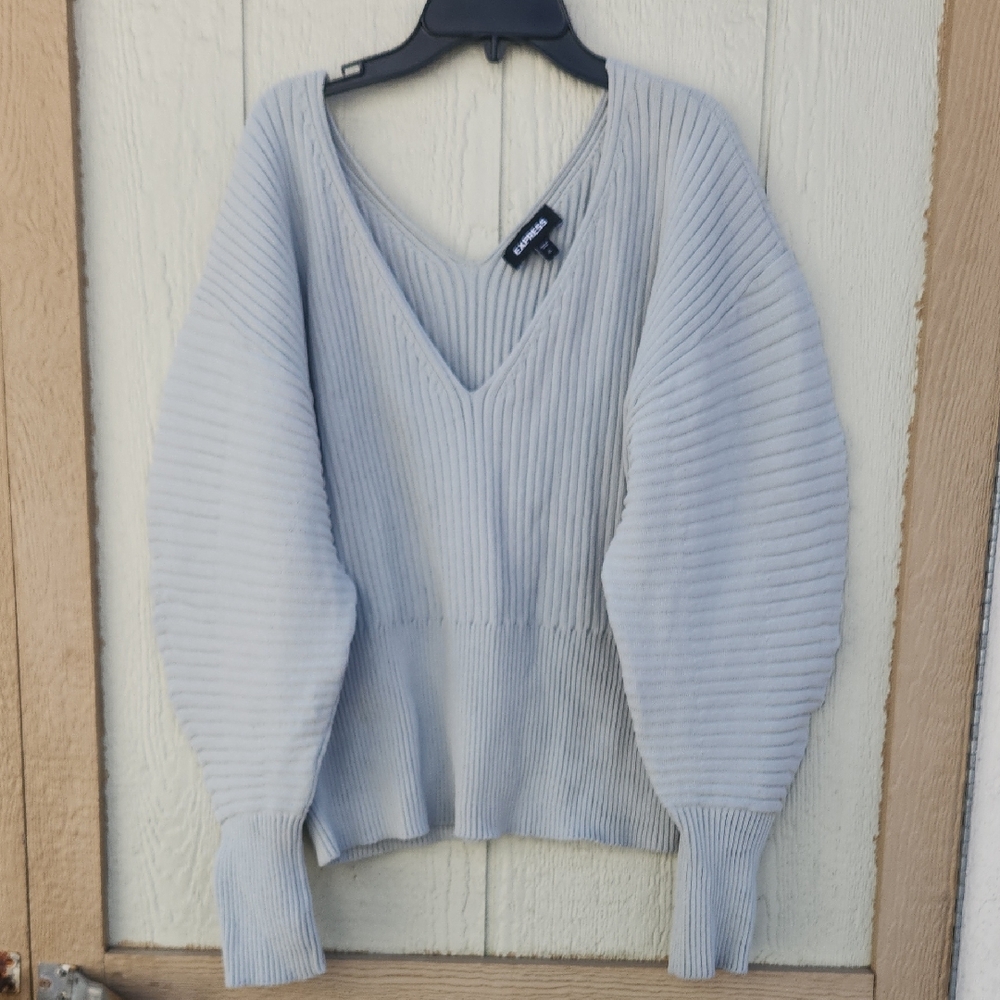 Express‎ Ribbed Barrel Sleeve V neck Spring Sweater Muted Green Pastel XL Boho
